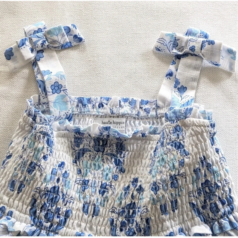 Haute Hippie Sun Dress Sz 7 Blue White Floral Paisley Smocked Tiered Boho Beach